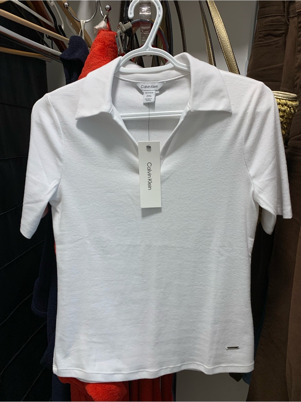 Calvin Klein White Short-Sleeve Polo with Open Collar. NWT